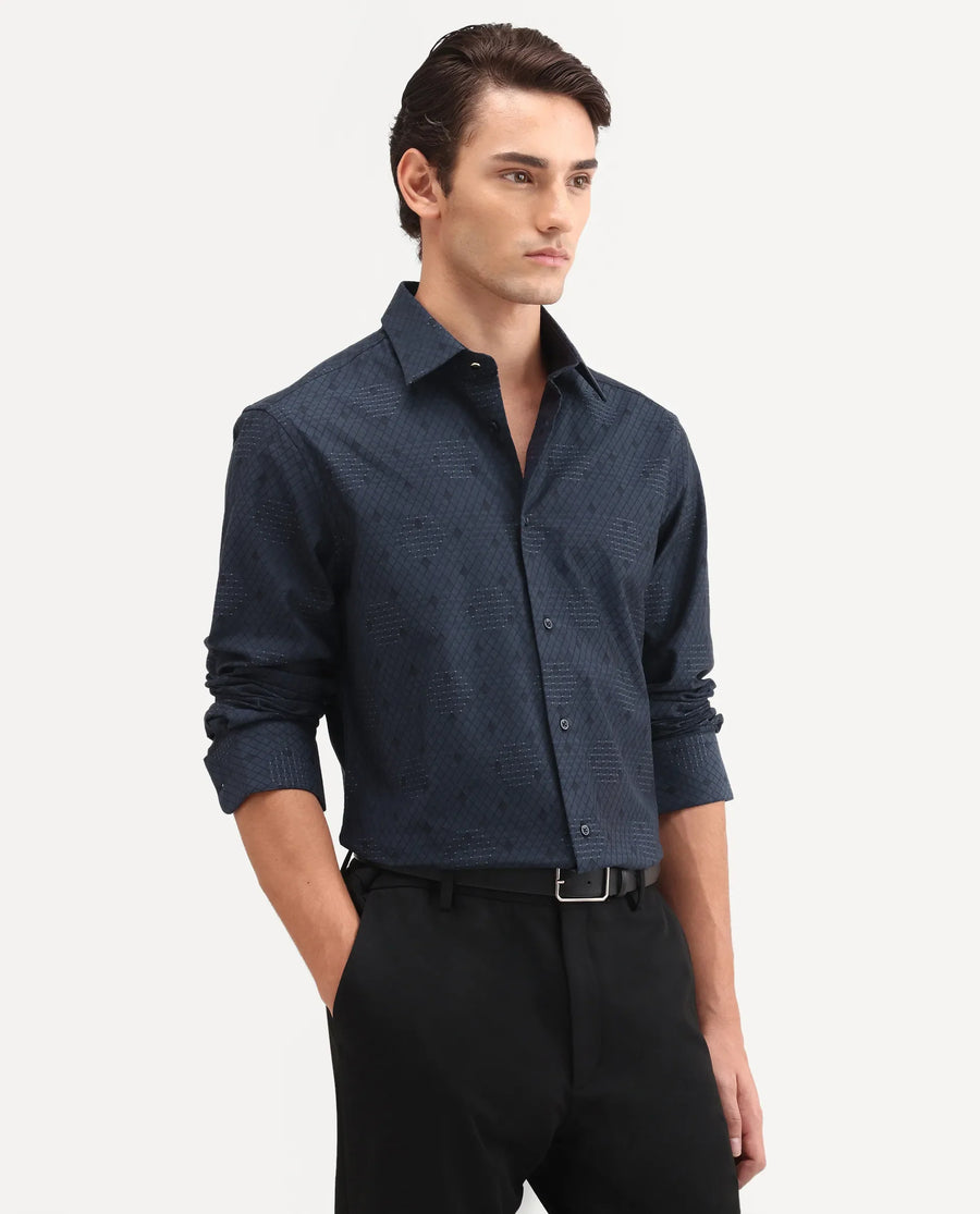Rare Rabbit Men's Tham Navy Cotton Fabric Full Sleeve Spread Collar Button Regular Geometric Print Shirt