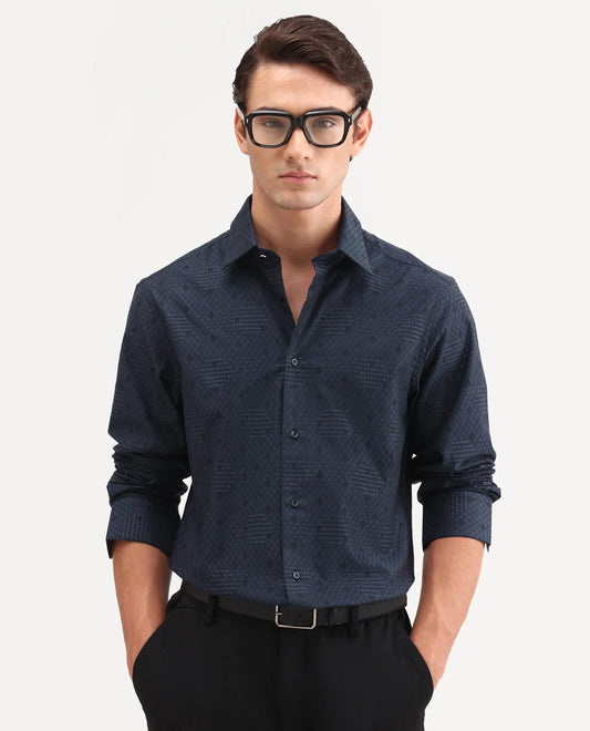 Rare Rabbit Men's Tham Navy Cotton Fabric Full Sleeve Spread Collar Button Regular Geometric Print Shirt