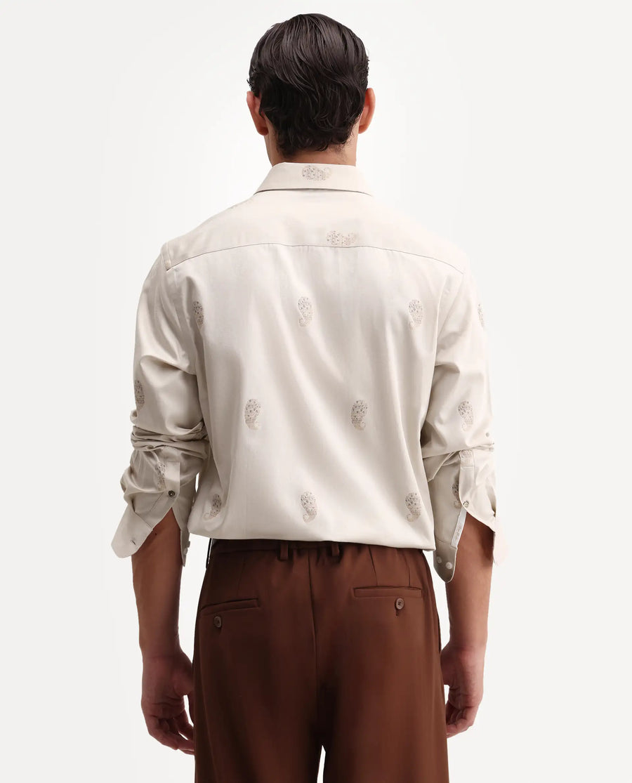 Rare Rabbit Men's Tome Beige Cotton Fabric Full Sleeve Spread Collar Button Regular Jacquard Shirt
