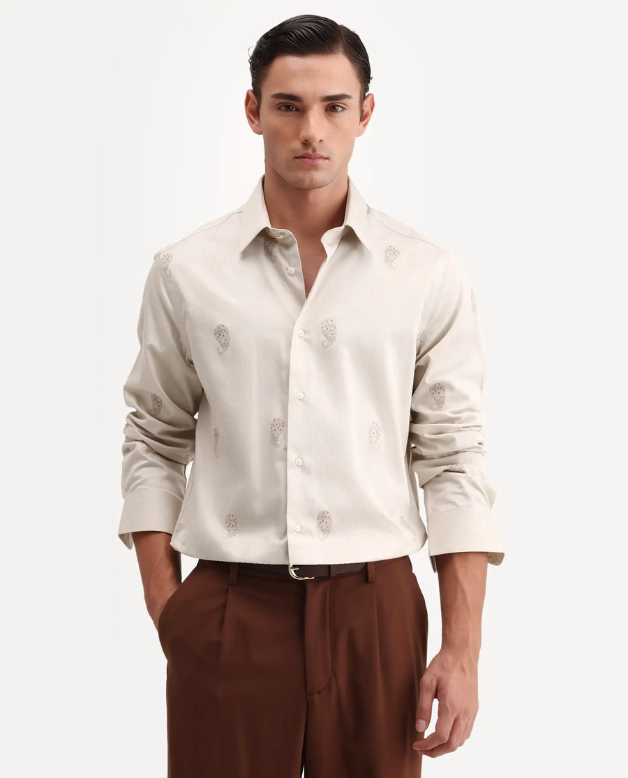 Rare Rabbit Men's Tome Beige Cotton Fabric Full Sleeve Spread Collar Button Regular Jacquard Shirt