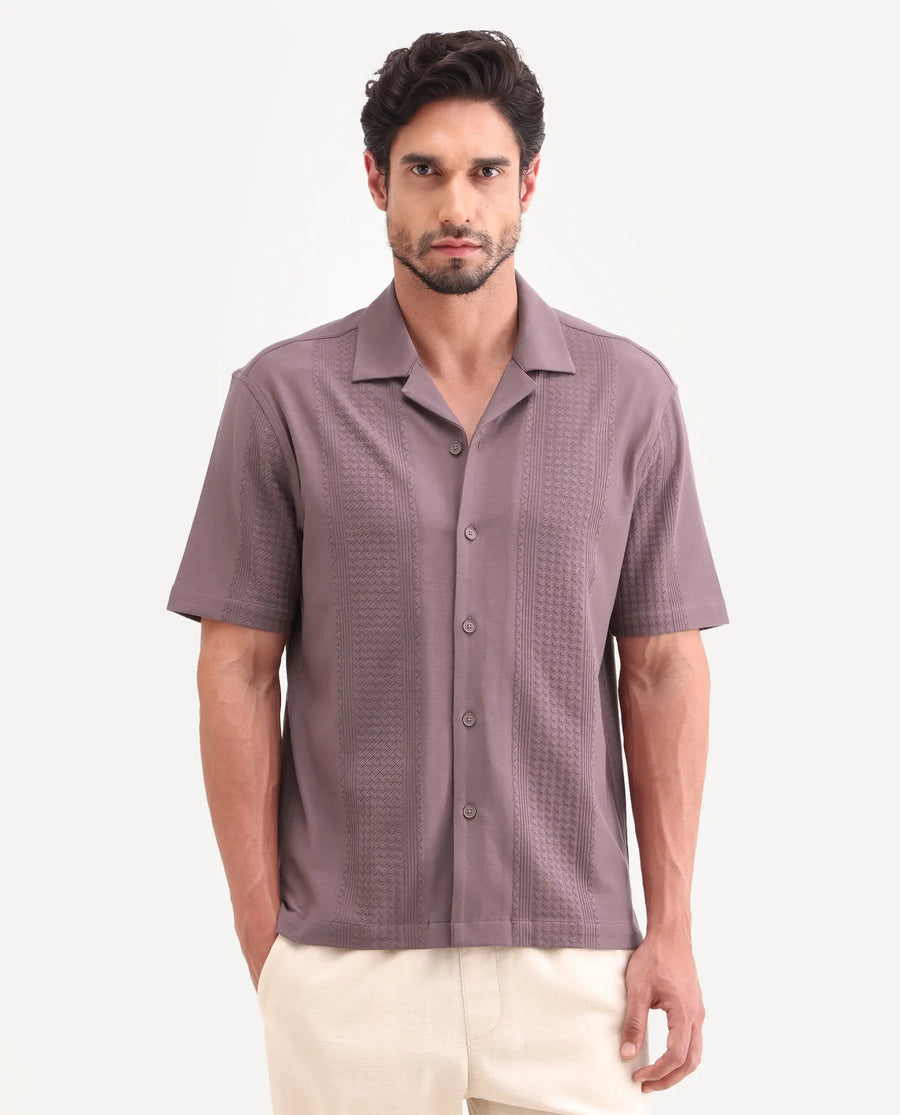 Rare Rabbit Men's Zinot Dusky Purple Cotton Blend Fabric Half Sleeve Cuban Collar Button Regular Plain Shirt