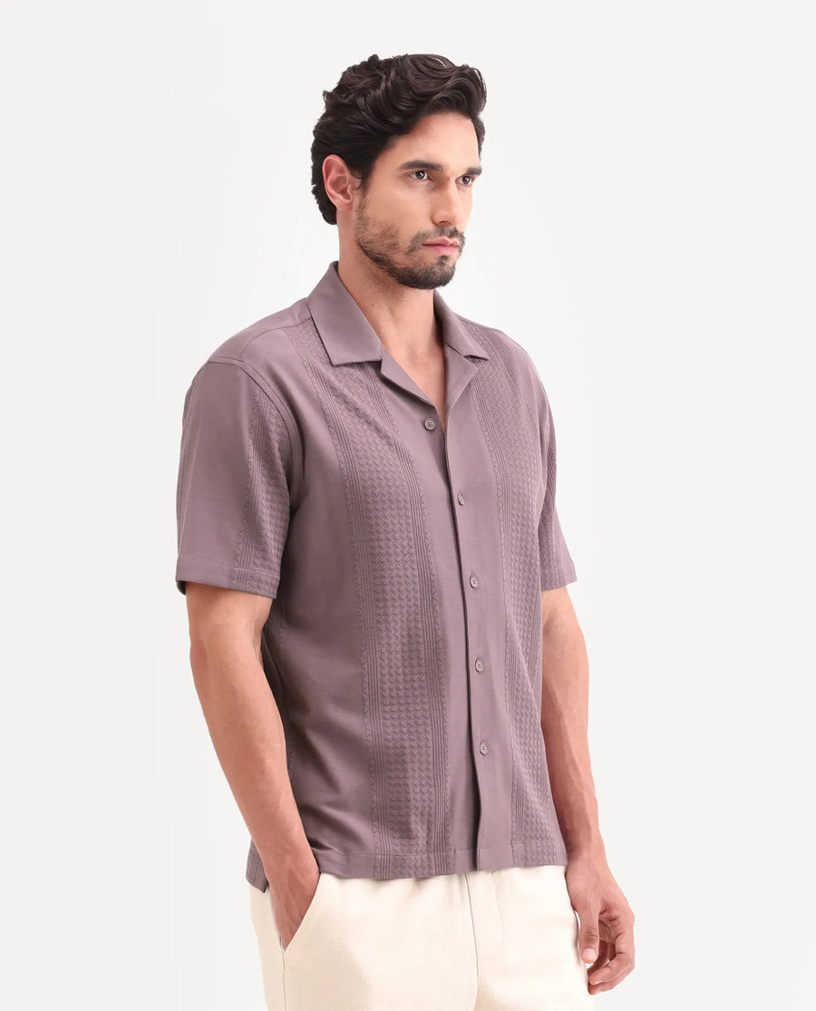 Rare Rabbit Men's Zinot Dusky Purple Cotton Blend Fabric Half Sleeve Cuban Collar Button Regular Plain Shirt