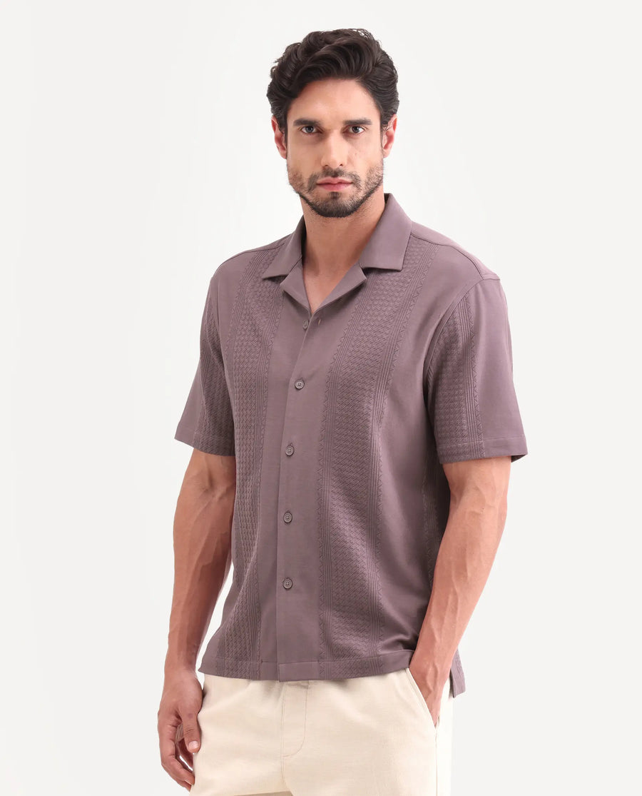 Rare Rabbit Men's Zinot Dusky Purple Cotton Blend Fabric Half Sleeve Cuban Collar Button Regular Plain Shirt