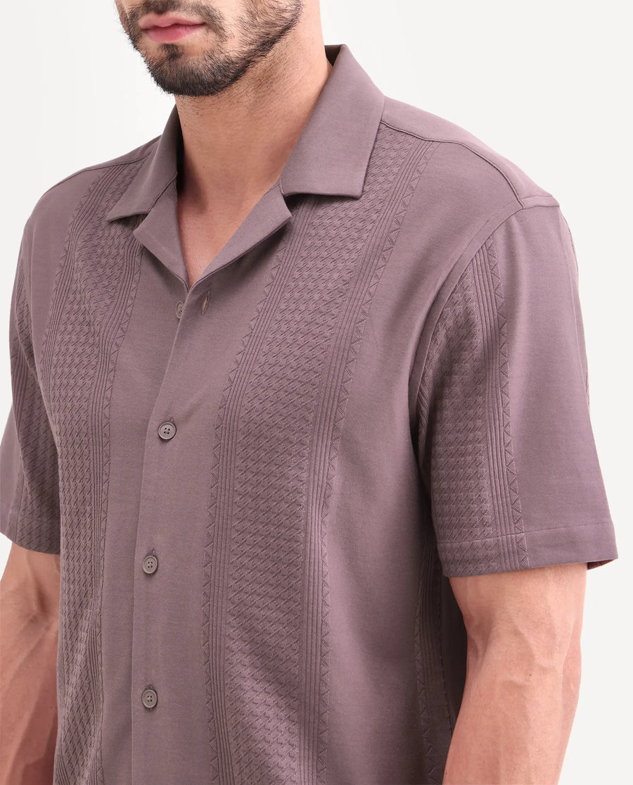 Rare Rabbit Men's Zinot Dusky Purple Cotton Blend Fabric Half Sleeve Cuban Collar Button Regular Plain Shirt