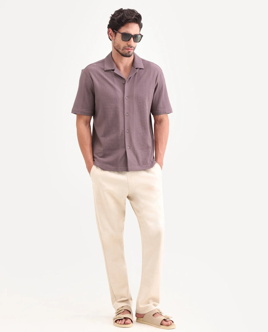 Rare Rabbit Men's Zinot Dusky Purple Cotton Blend Fabric Half Sleeve Cuban Collar Button Regular Plain Shirt