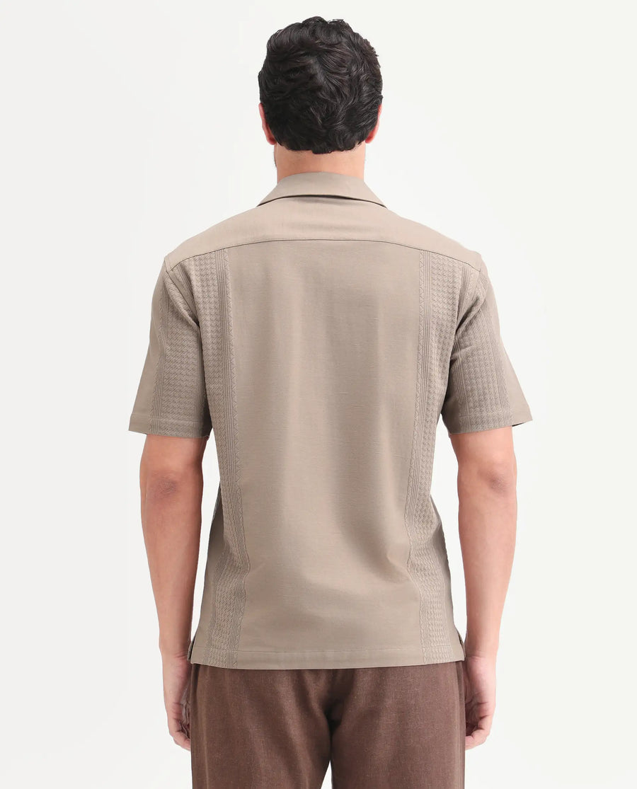 Rare Rabbit Men's Zinot Beige Cotton Blend Fabric Half Sleeve Cuban Collar Button Regular Plain Shirt
