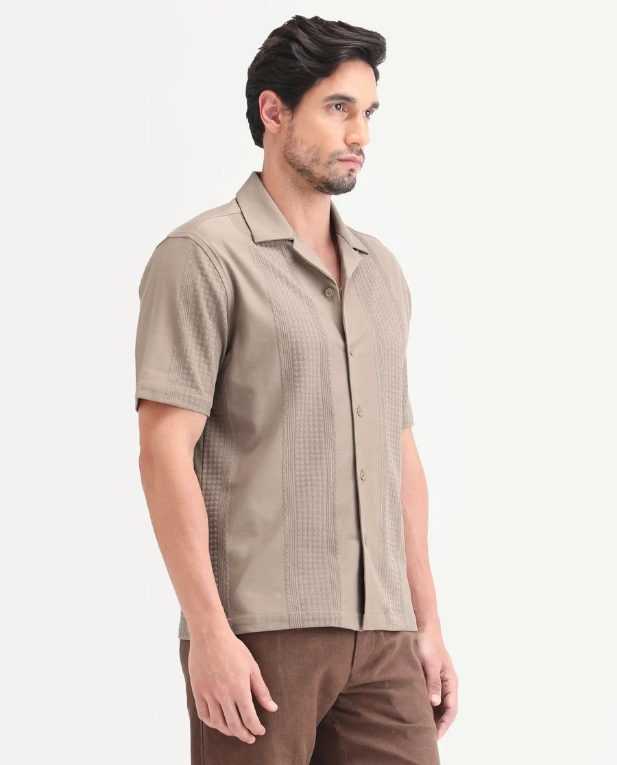 Rare Rabbit Men's Zinot Beige Cotton Blend Fabric Half Sleeve Cuban Collar Button Regular Plain Shirt