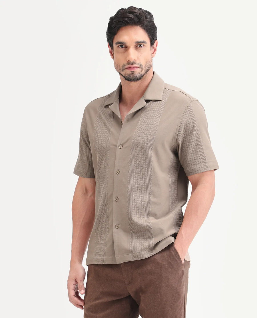 Rare Rabbit Men's Zinot Beige Cotton Blend Fabric Half Sleeve Cuban Collar Button Regular Plain Shirt