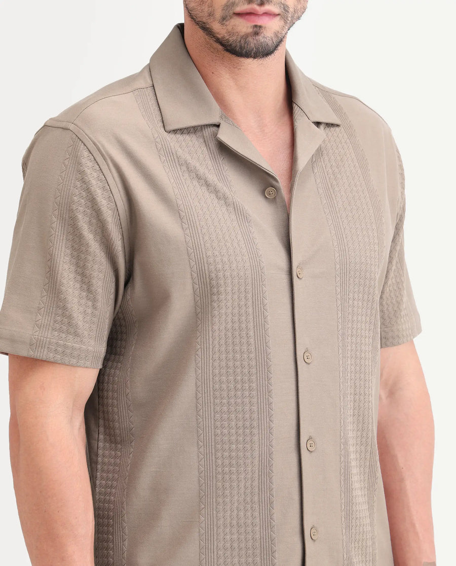 Rare Rabbit Men's Zinot Beige Cotton Blend Fabric Half Sleeve Cuban Collar Button Regular Plain Shirt