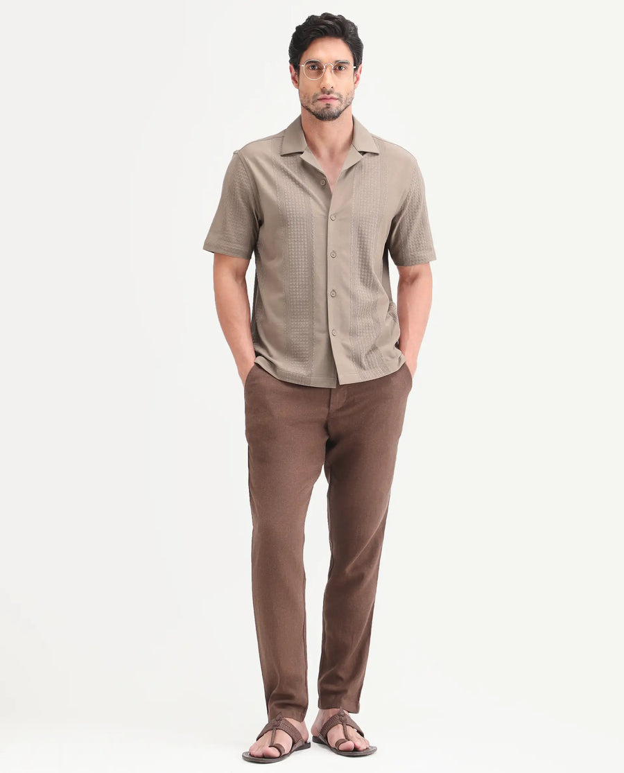 Rare Rabbit Men's Zinot Beige Cotton Blend Fabric Half Sleeve Cuban Collar Button Regular Plain Shirt
