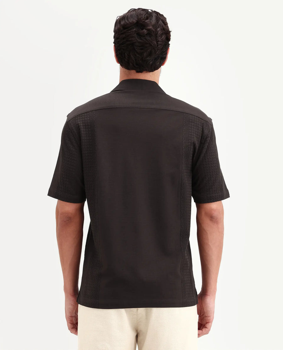 Rare Rabbit Men's Zinot Dark Brown Cotton Blend Fabric Half Sleeve Cuban Collar Button Regular Plain Shirt