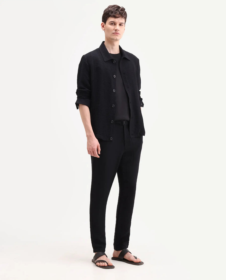 Rare Rabbit Men's Veon-T Black Viscose Blend Fabric Regular Fit Plain Trouser