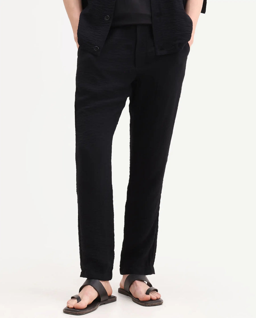 Rare Rabbit Men's Veon-T Black Viscose Blend Fabric Regular Fit Plain Trouser
