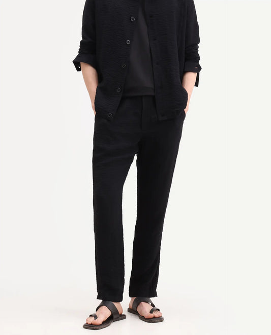 Rare Rabbit Men's Veon-T Black Viscose Blend Fabric Regular Fit Plain Trouser