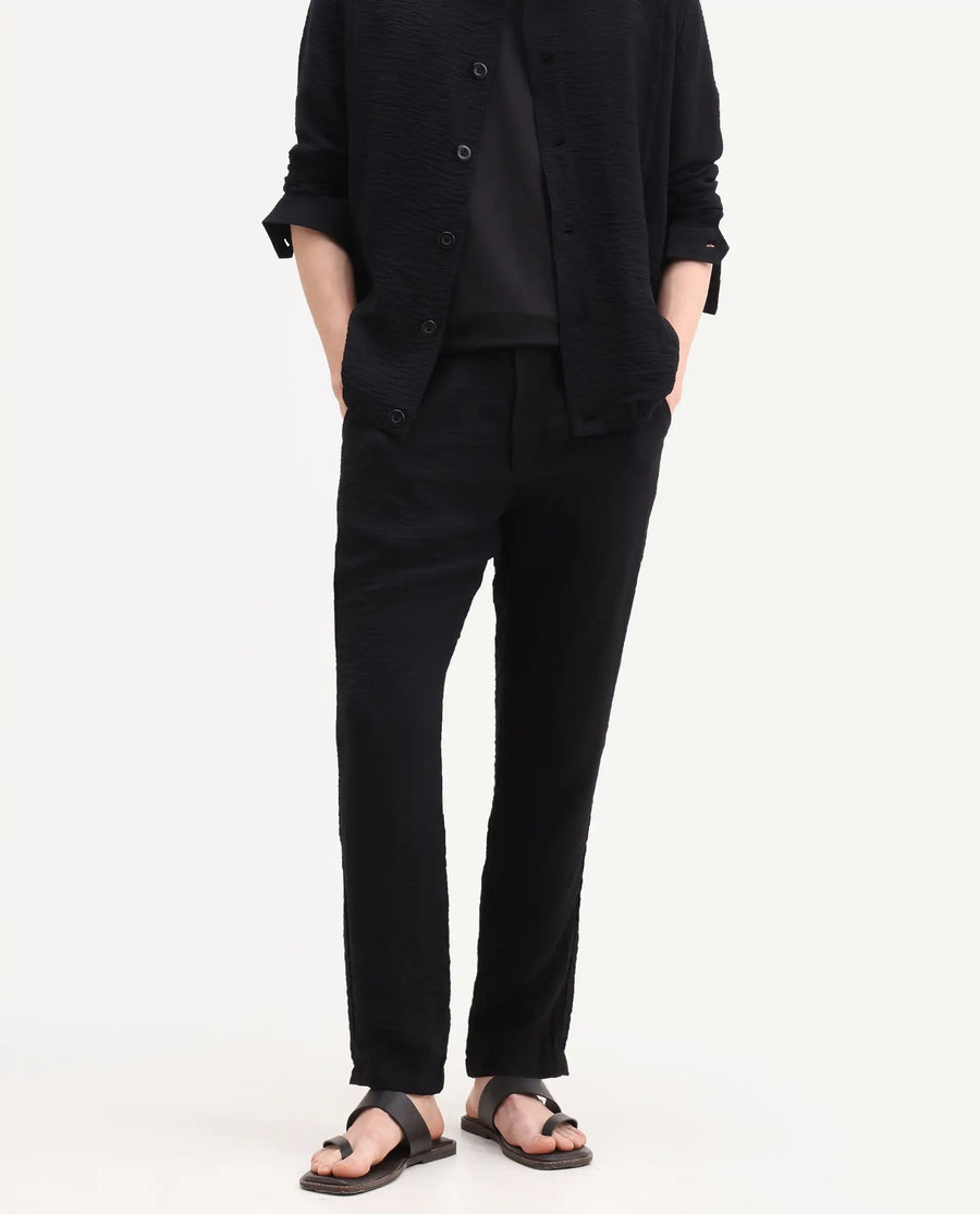 Rare Rabbit Men's Veon-T Black Viscose Blend Fabric Regular Fit Plain Trouser