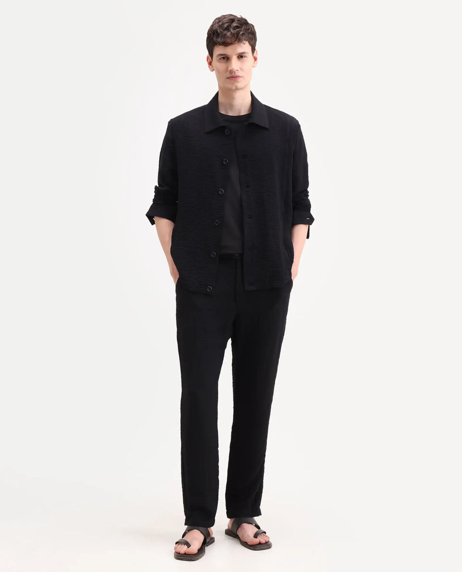 Rare Rabbit Men's Veon-T Black Viscose Blend Fabric Regular Fit Plain Trouser