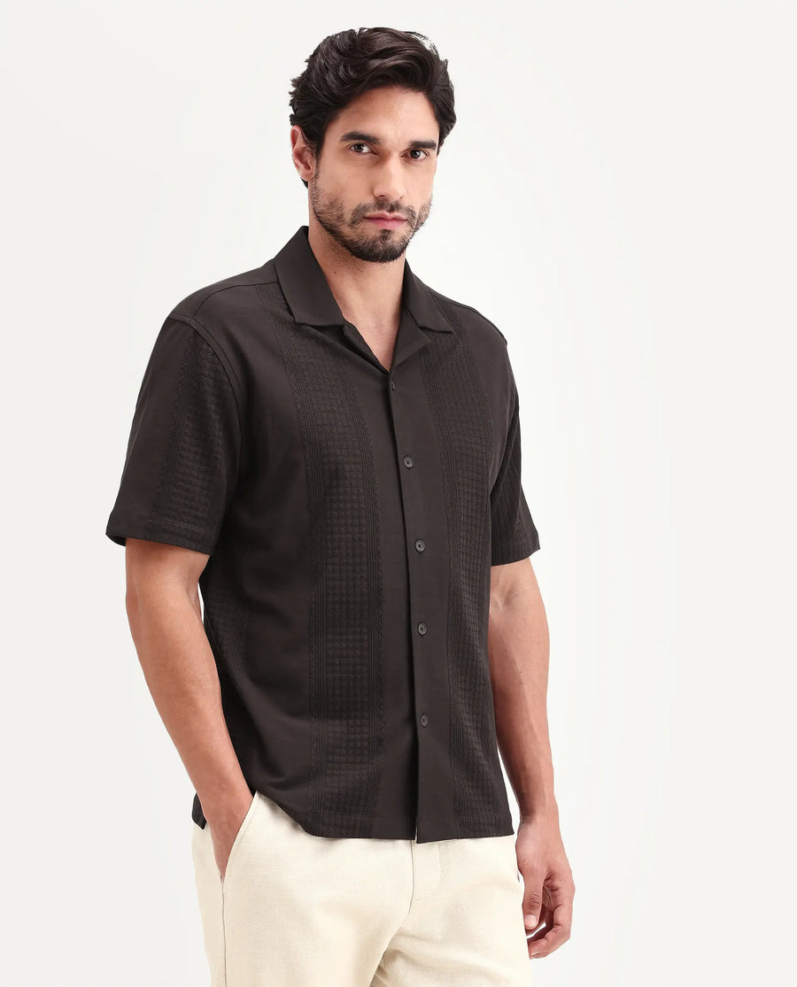 Rare Rabbit Men's Zinot Dark Brown Cotton Blend Fabric Half Sleeve Cuban Collar Button Regular Plain Shirt
