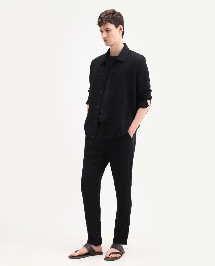 Rare Rabbit Men's Veon-T Black Viscose Blend Fabric Regular Fit Plain Trouser
