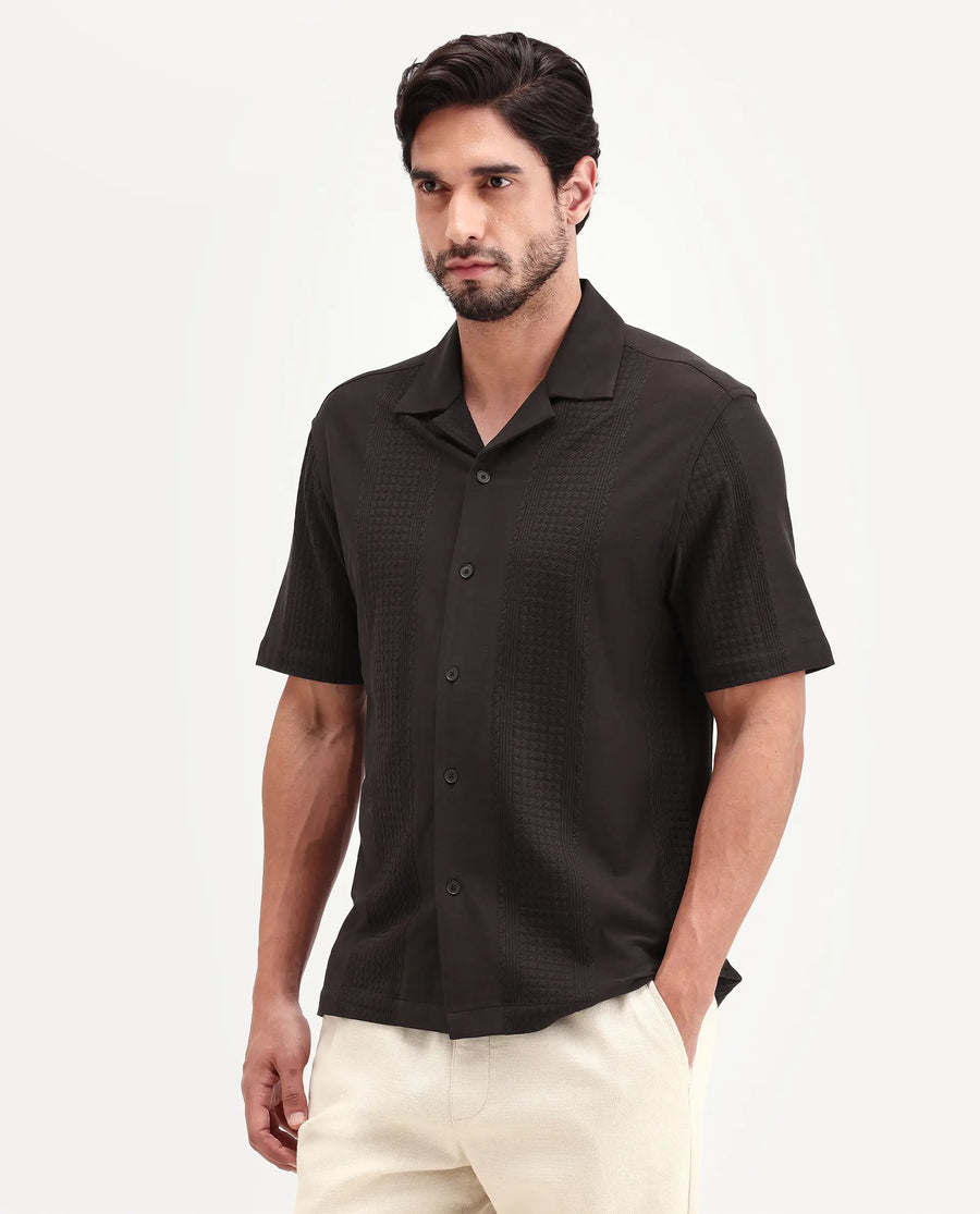Rare Rabbit Men's Zinot Dark Brown Cotton Blend Fabric Half Sleeve Cuban Collar Button Regular Plain Shirt