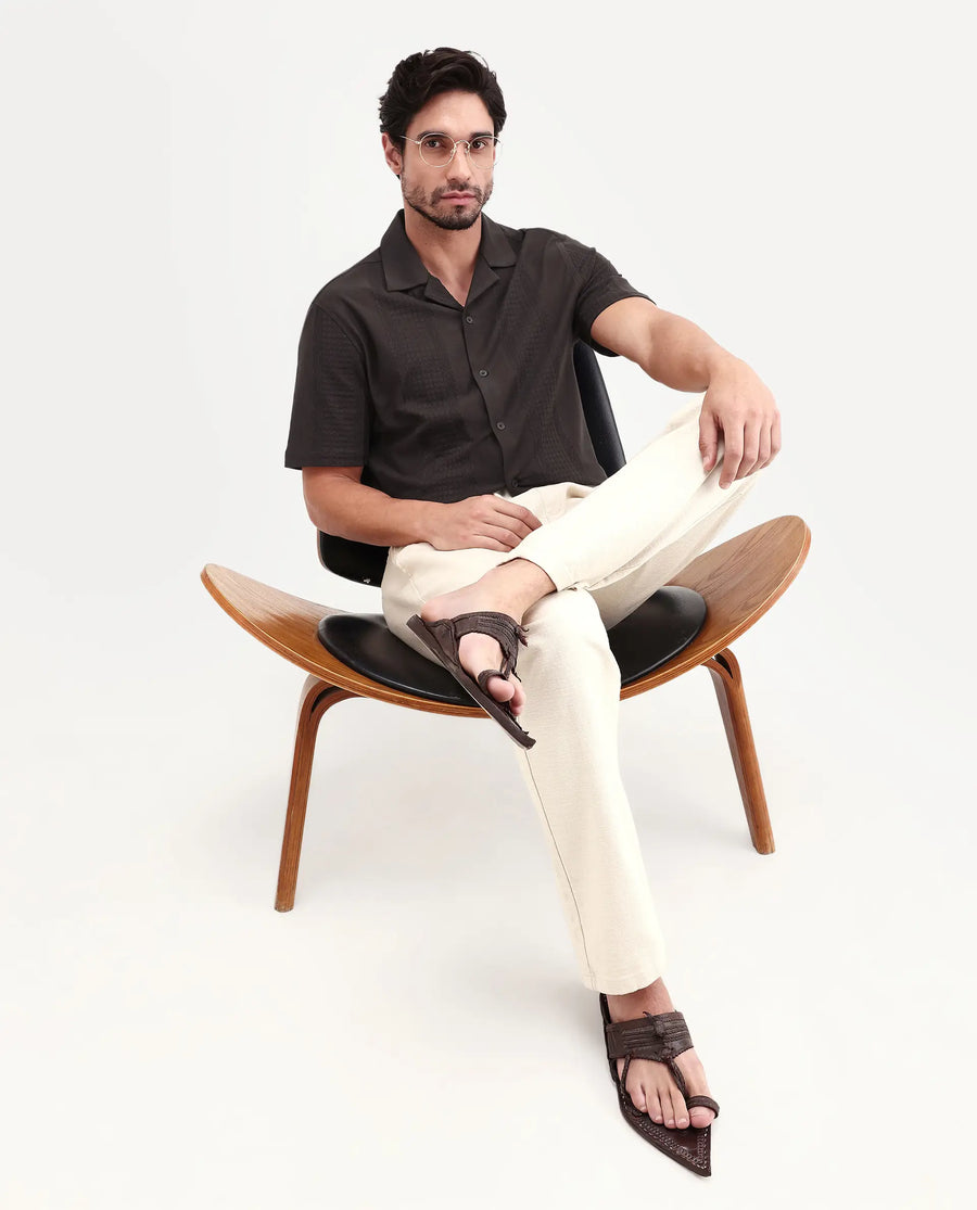 Rare Rabbit Men's Zinot Dark Brown Cotton Blend Fabric Half Sleeve Cuban Collar Button Regular Plain Shirt