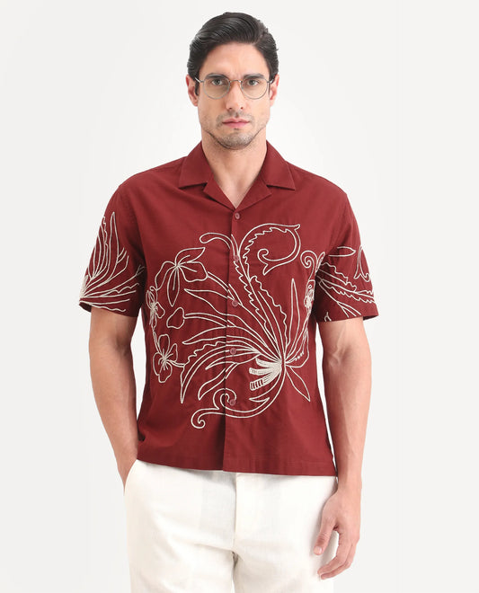 Rare Rabbit Men's Anto Rust Cotton Blend Fabric Half Sleeve Cuban Collar Regular Embroidered Shirt