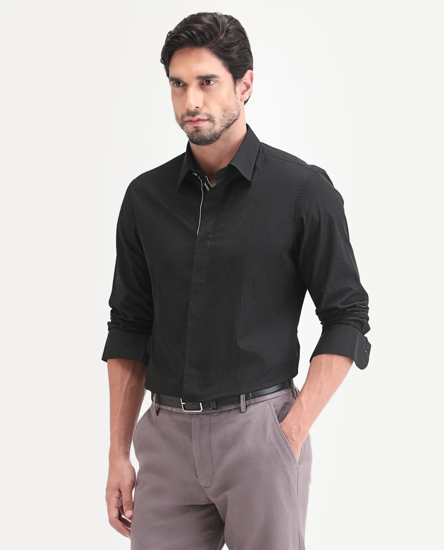Rare Rabbit Men's Trev Black Cotton Fabric Full Sleeve Spread Collar Regular Striped Shirt