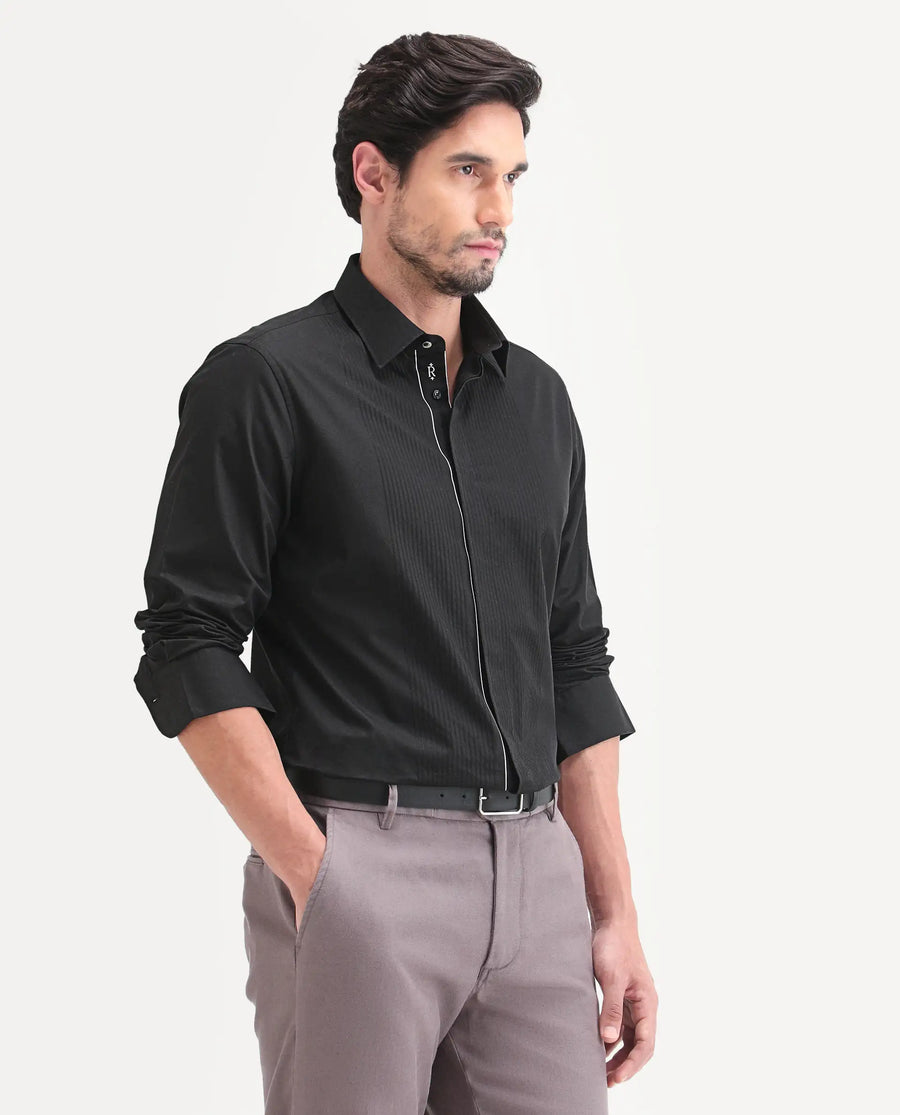Rare Rabbit Men's Trev Black Cotton Fabric Full Sleeve Spread Collar Regular Striped Shirt