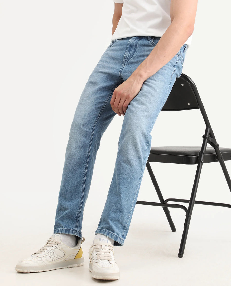 Rare Rabbit Men's Fynn Light Blue Cotton Fabric Kurt Carrot Plain Jeans