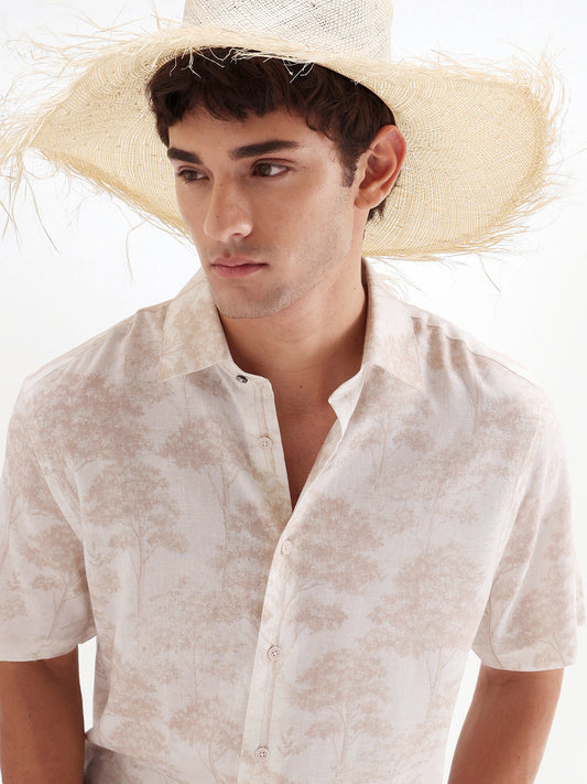 Rare Rabbit Men's Fero White Viscose Fabric Half Sleeve Spread Collar Regular Abstract Print Shirt