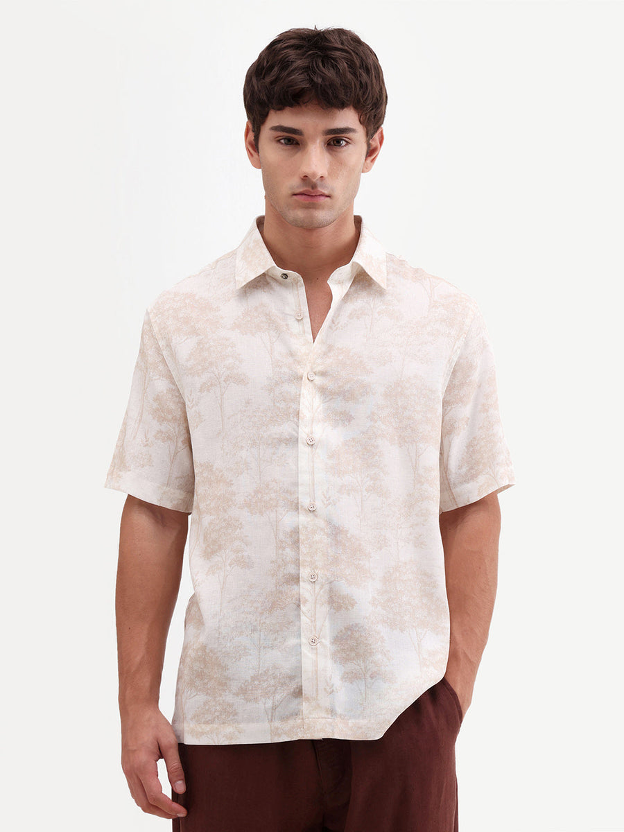 Rare Rabbit Men's Fero White Viscose Fabric Half Sleeve Spread Collar Regular Abstract Print Shirt