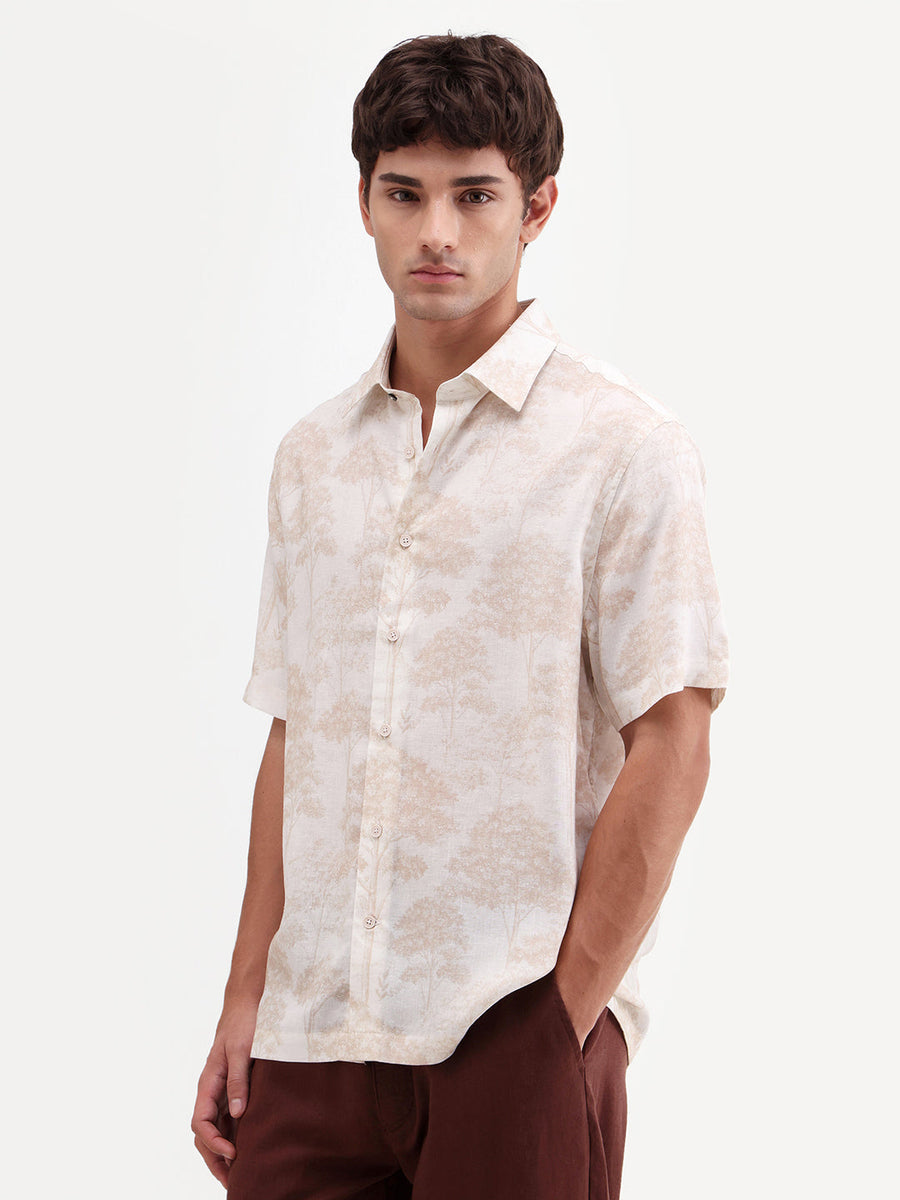 Rare Rabbit Men's Fero White Viscose Fabric Half Sleeve Spread Collar Regular Abstract Print Shirt