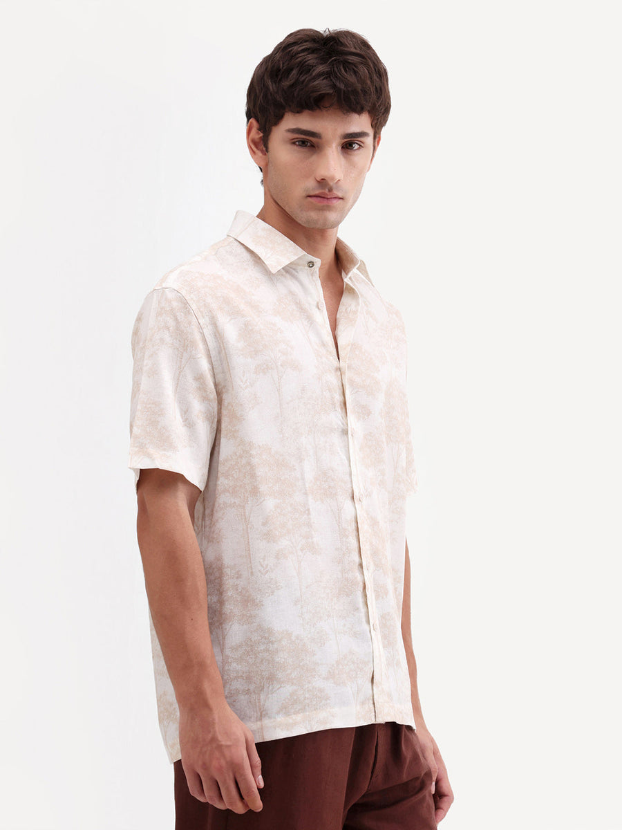 Rare Rabbit Men's Fero White Viscose Fabric Half Sleeve Spread Collar Regular Abstract Print Shirt