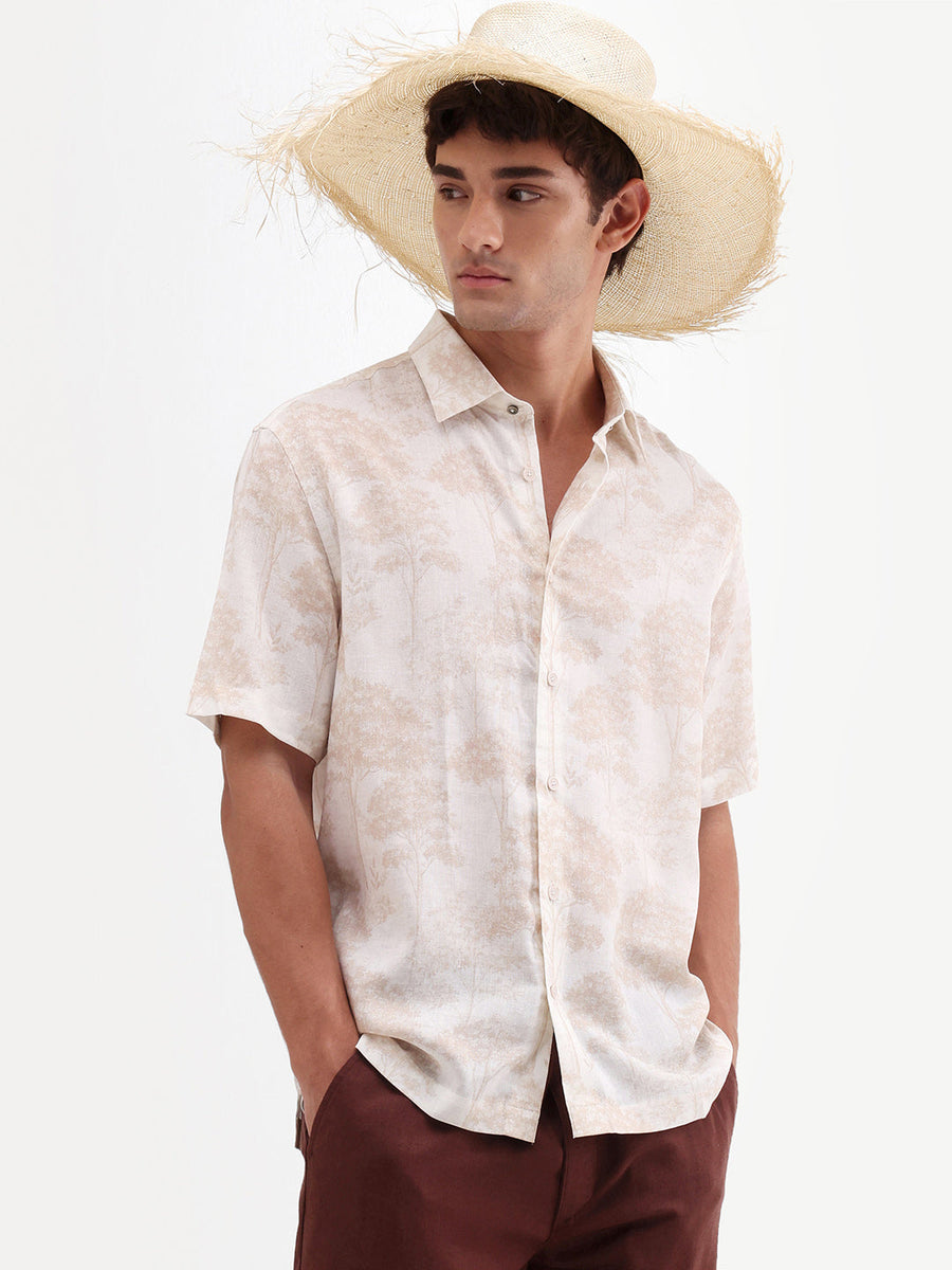 Rare Rabbit Men's Fero White Viscose Fabric Half Sleeve Spread Collar Regular Abstract Print Shirt
