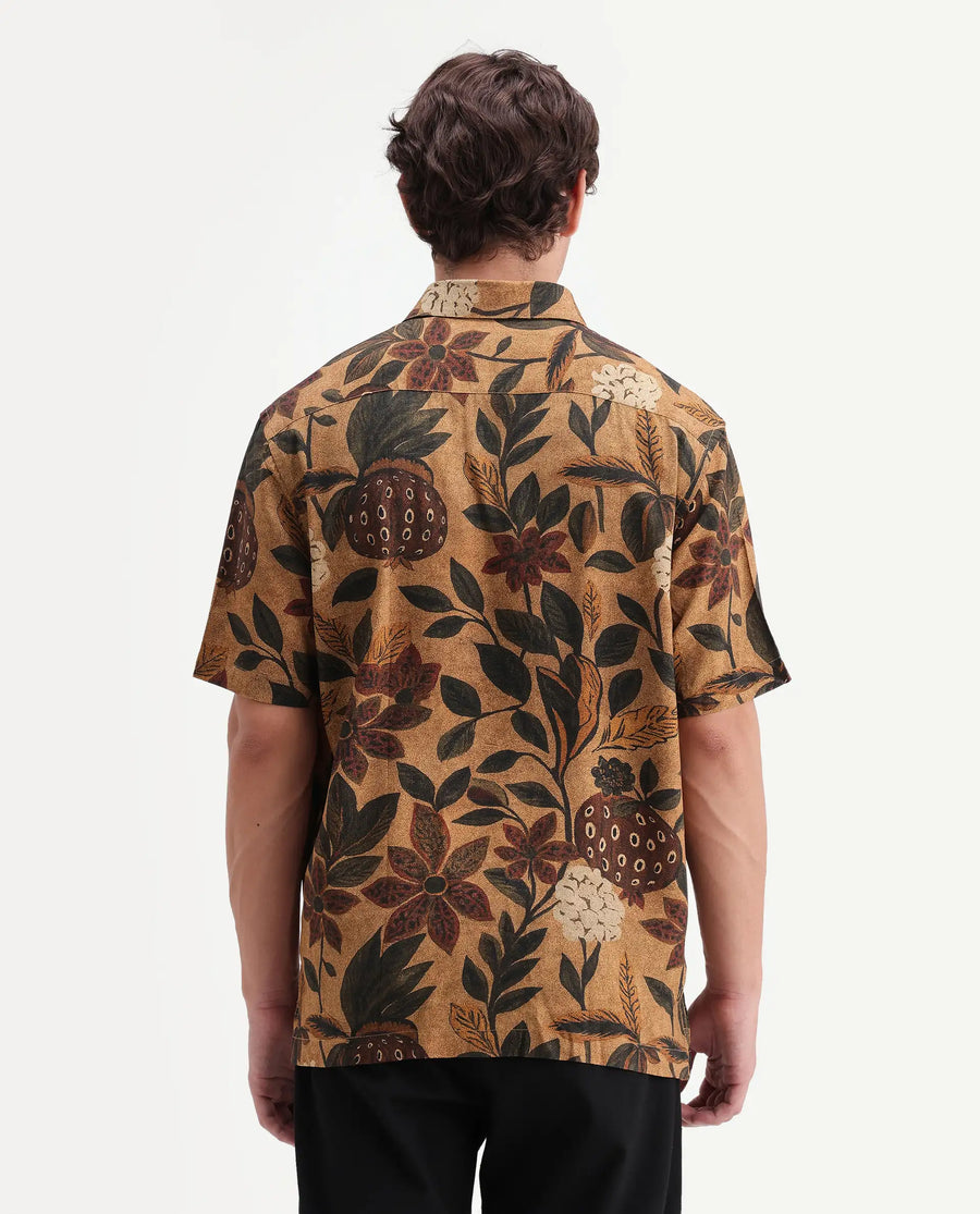 Rare Rabbit Men's Soto Light Rust Viscose Fabric Half Sleeve Spread Collar Regular Tropical Print Shirt
