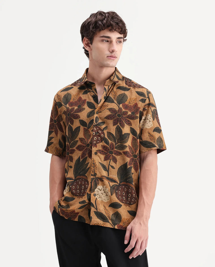 Rare Rabbit Men's Soto Light Rust Viscose Fabric Half Sleeve Spread Collar Regular Tropical Print Shirt