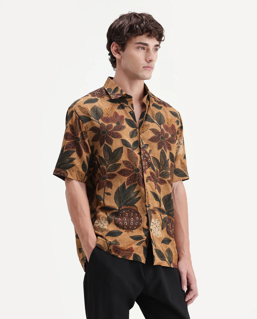 Rare Rabbit Men's Soto Light Rust Viscose Fabric Half Sleeve Spread Collar Regular Tropical Print Shirt