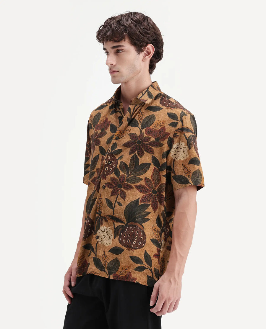 Rare Rabbit Men's Soto Light Rust Viscose Fabric Half Sleeve Spread Collar Regular Tropical Print Shirt
