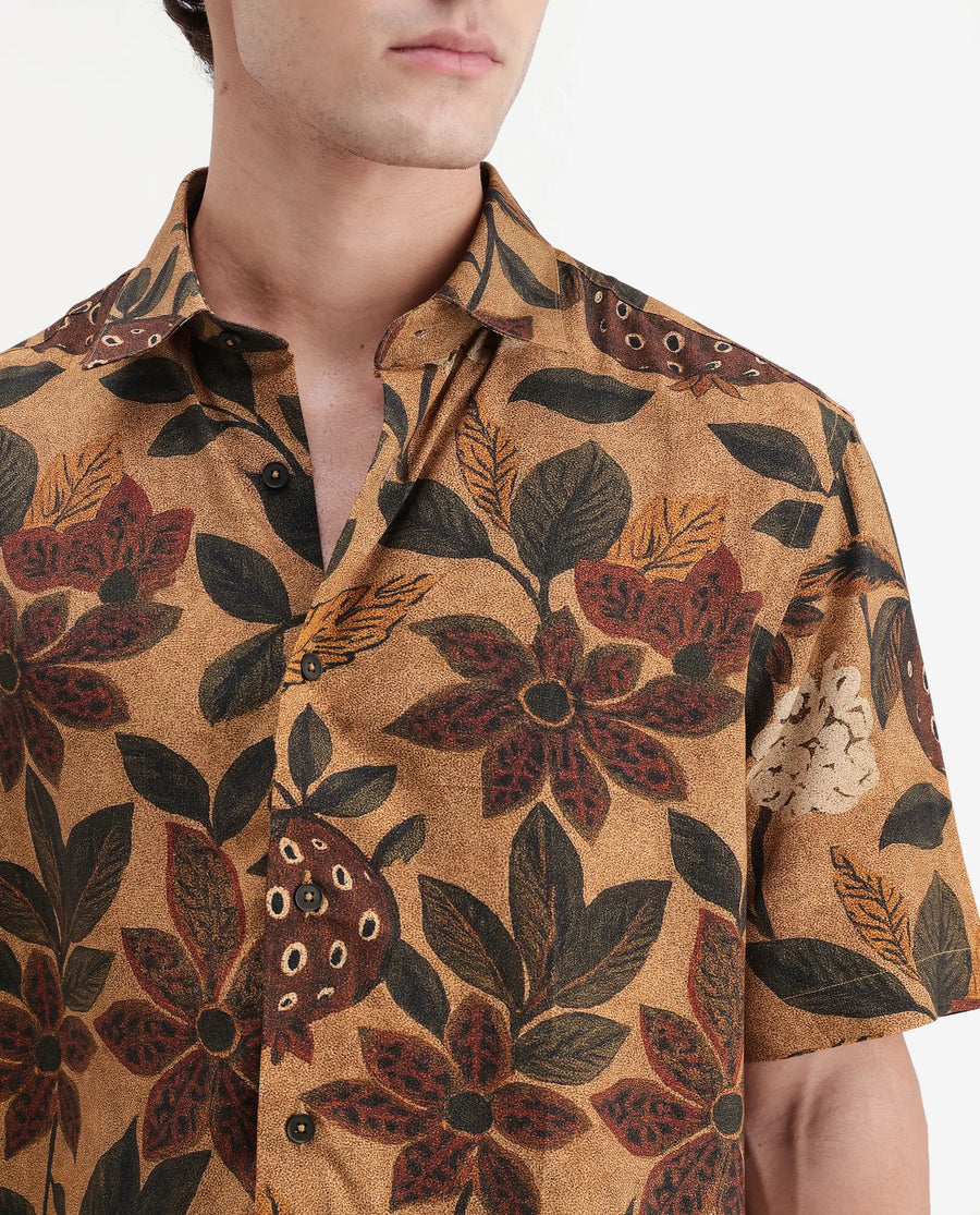 Rare Rabbit Men's Soto Light Rust Viscose Fabric Half Sleeve Spread Collar Regular Tropical Print Shirt