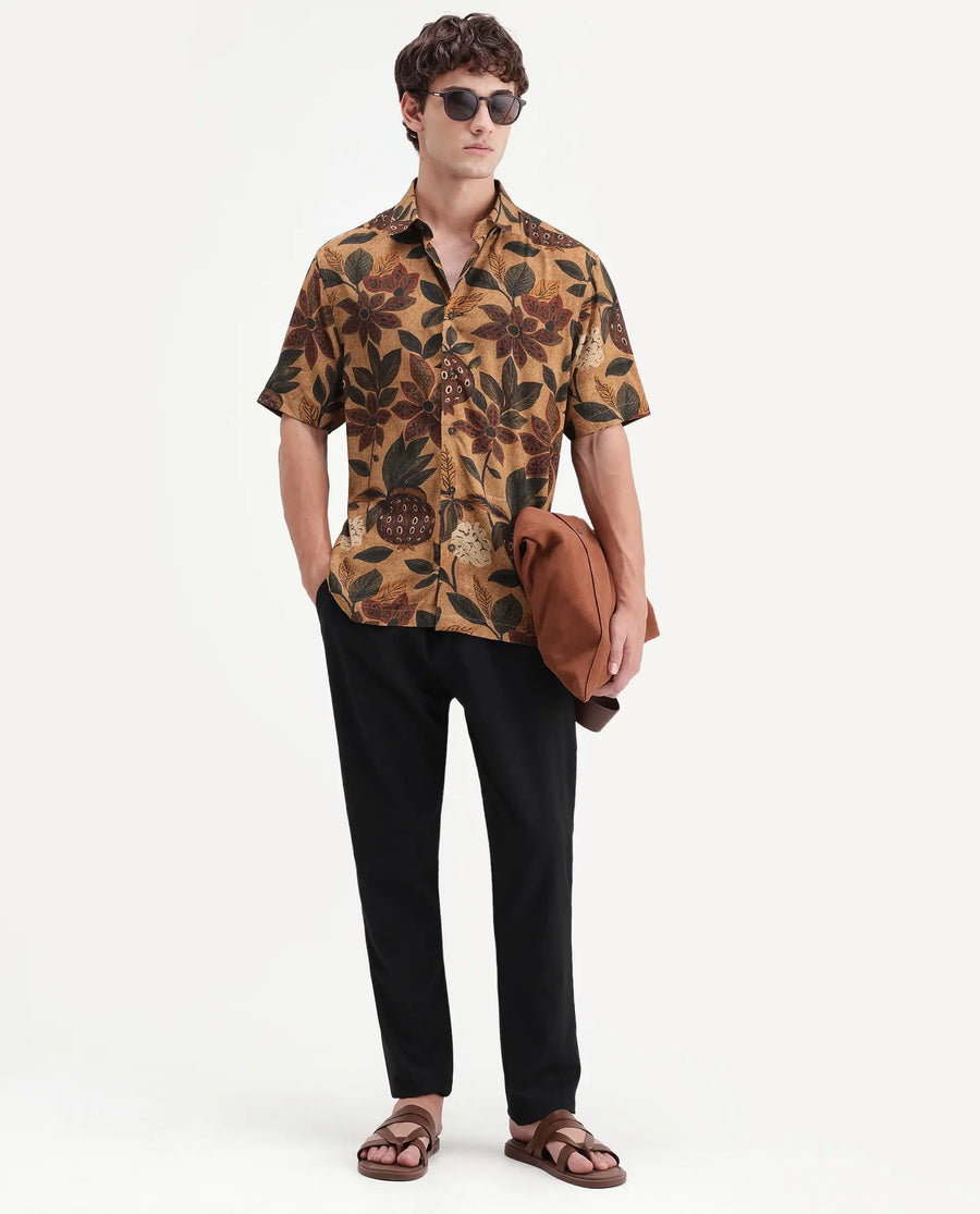 Rare Rabbit Men's Soto Light Rust Viscose Fabric Half Sleeve Spread Collar Regular Tropical Print Shirt
