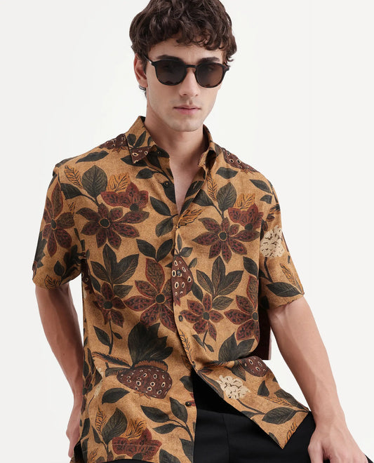 Rare Rabbit Men's Soto Light Rust Viscose Fabric Half Sleeve Spread Collar Regular Tropical Print Shirt