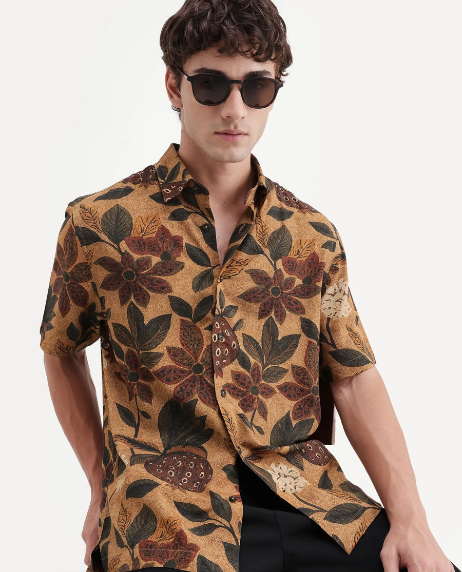 Rare Rabbit Men's Soto Light Rust Viscose Fabric Half Sleeve Spread Collar Regular Tropical Print Shirt