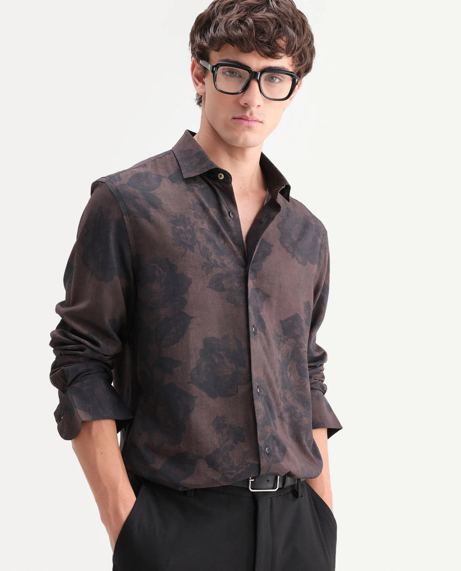 Rare Rabbit Men's Seano Black Viscose Fabric Full Sleeve Spread Collar Regular Floral Print Shirt