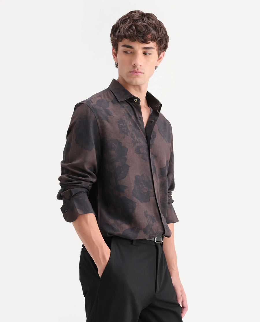 Rare Rabbit Men's Seano Black Viscose Fabric Full Sleeve Spread Collar Regular Floral Print Shirt