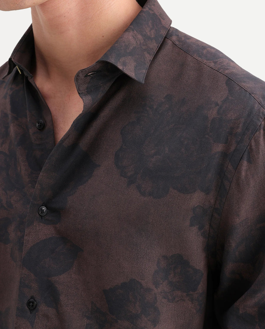 Rare Rabbit Men's Seano Black Viscose Fabric Full Sleeve Spread Collar Regular Floral Print Shirt