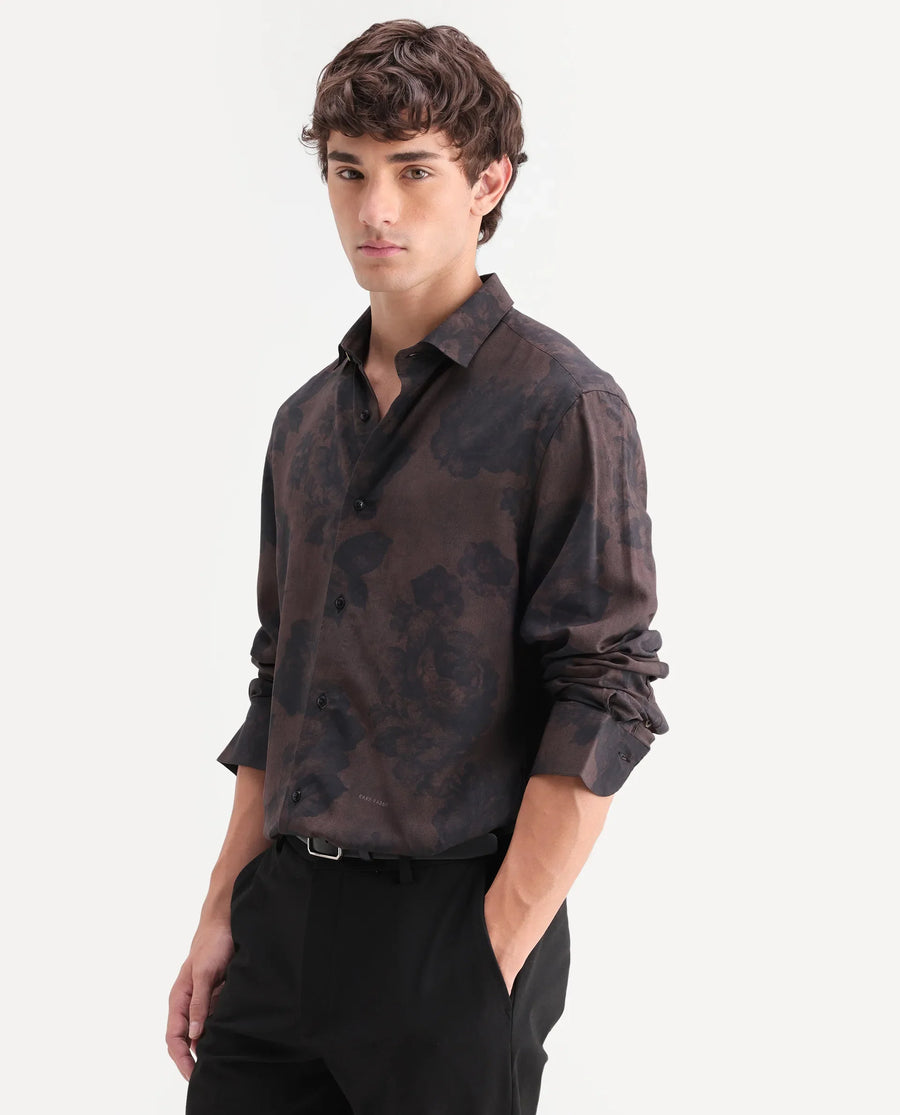 Rare Rabbit Men's Seano Black Viscose Fabric Full Sleeve Spread Collar Regular Floral Print Shirt