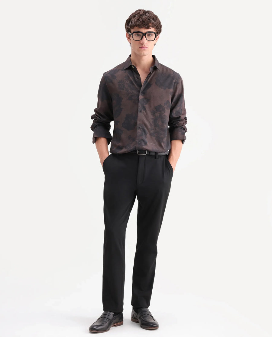 Rare Rabbit Men's Seano Black Viscose Fabric Full Sleeve Spread Collar Regular Floral Print Shirt