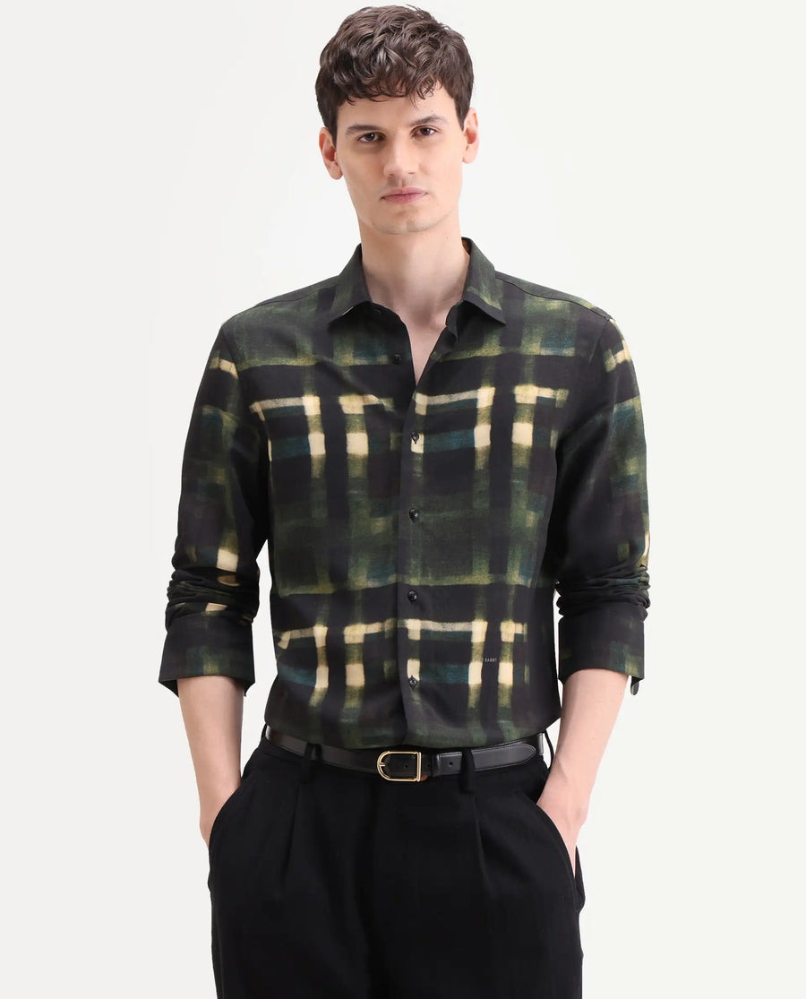 Rare Rabbit Men's Voss Green Viscose Fabric Full Sleeve Spread Collar Regular Abstract Print Shirt