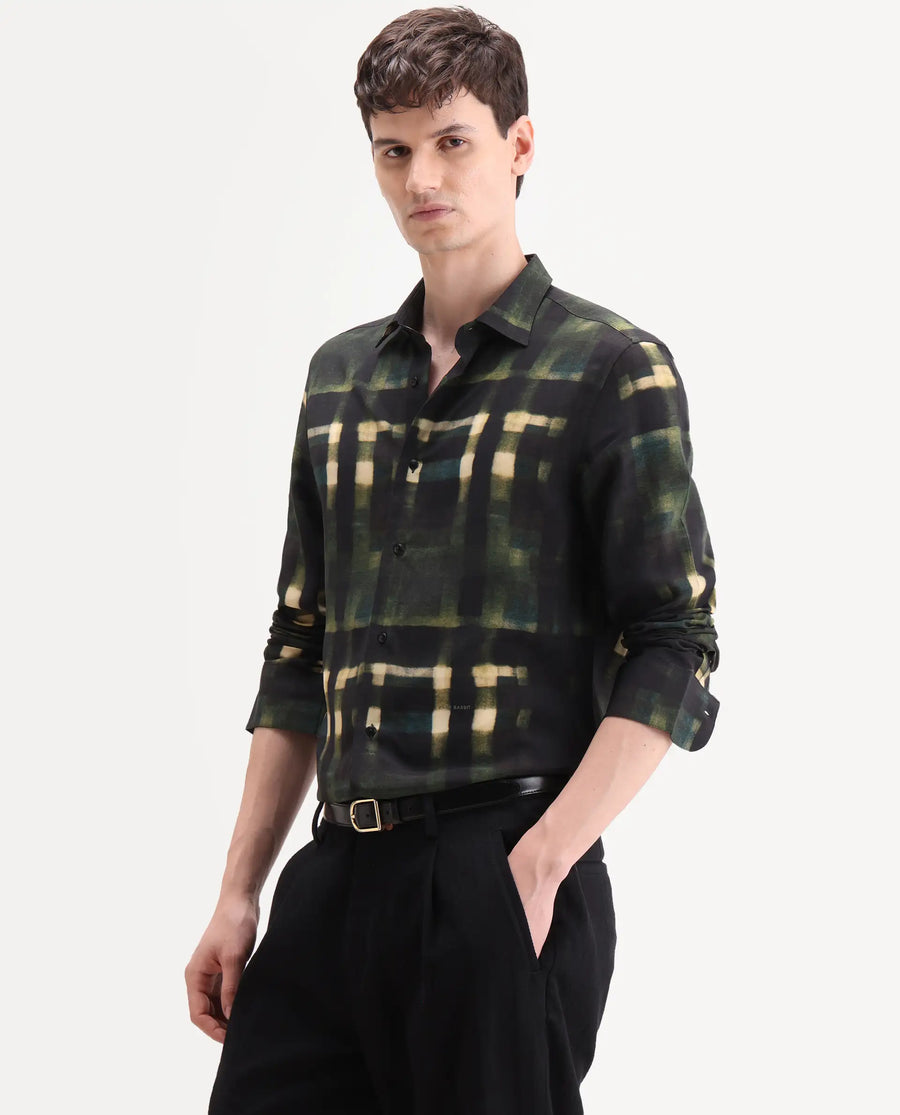 Rare Rabbit Men's Voss Green Viscose Fabric Full Sleeve Spread Collar Regular Abstract Print Shirt