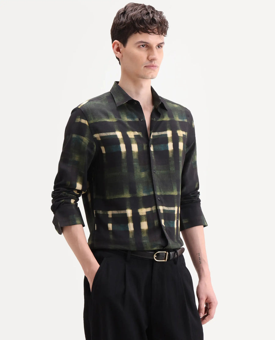 Rare Rabbit Men's Voss Green Viscose Fabric Full Sleeve Spread Collar Regular Abstract Print Shirt