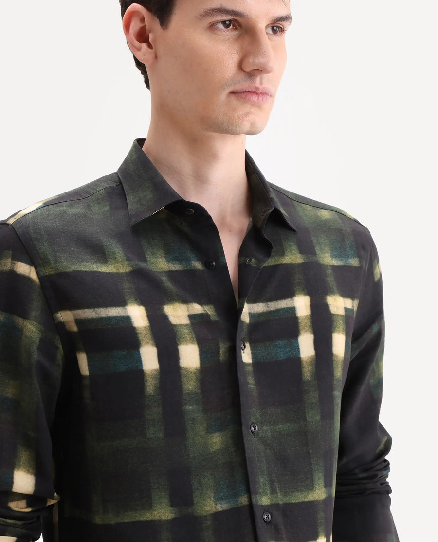 Rare Rabbit Men's Voss Green Viscose Fabric Full Sleeve Spread Collar Regular Abstract Print Shirt